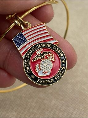 Gold-Tone US Marine Corps Charm Bangle Bracelet with Flag
